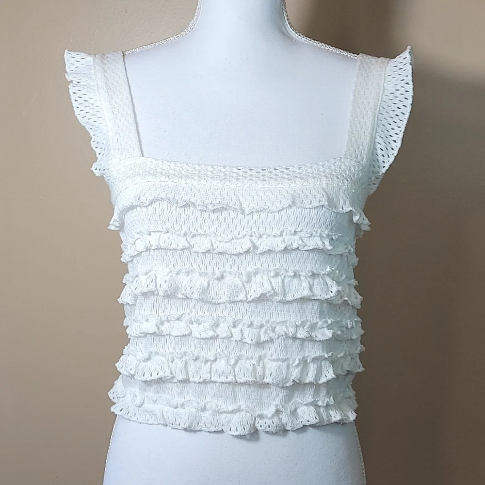 NWT Zara Cotton White Knit Ruffled Crop Top w/ Ruffle Straps Size Large - Picture 2 of 16